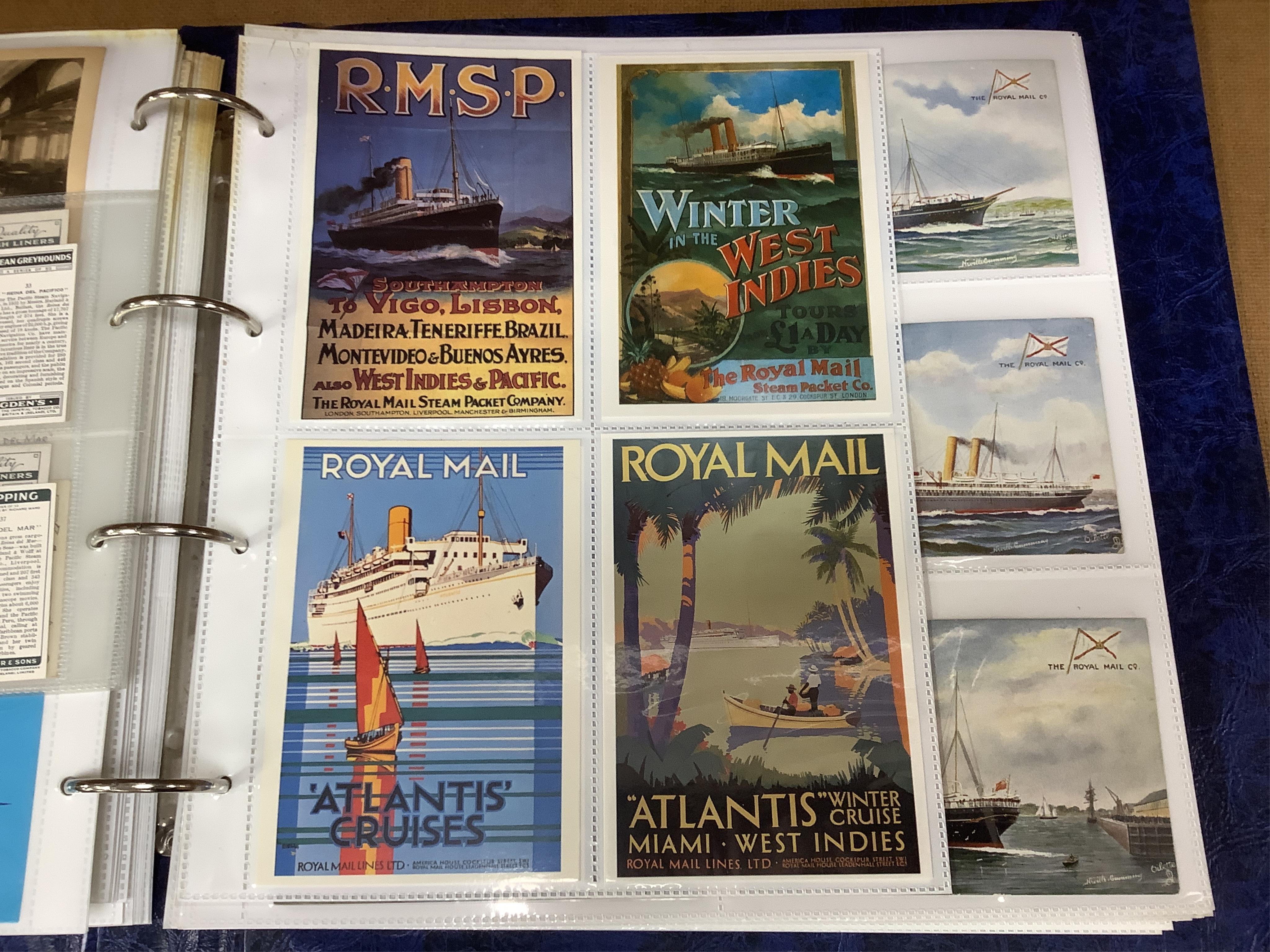 A box and two folders of postcards and a few cigarette cards, mainly relating to the Royal Mail Steam Packet Company and Royal Mail Lines Ltd., including a good quantity of 1930s and later postcards of cruise ships, many